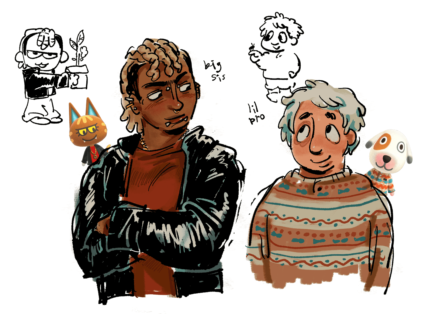 gijinkas of katt and bones from animal crossing