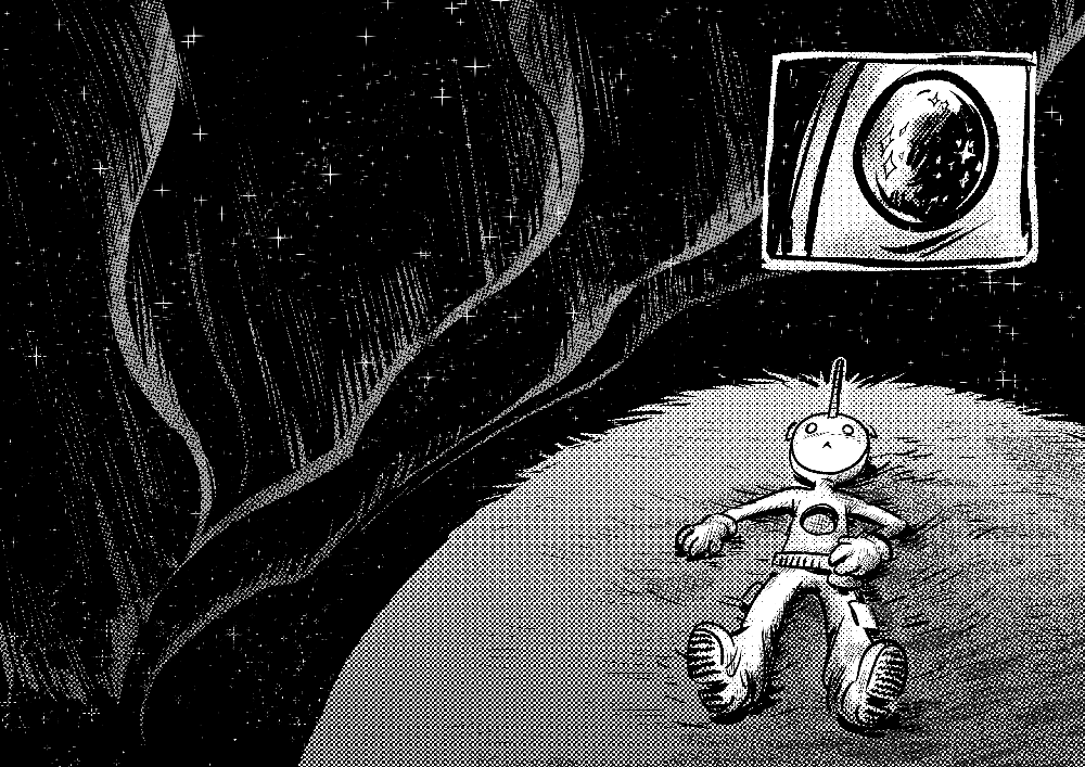 kitty laying on the field with a hole in their body. Vast cosmos in the background